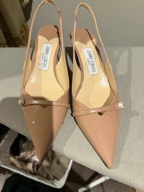 Jimmy Choo Nude Patent Slingback Pumps with Pearl Accent